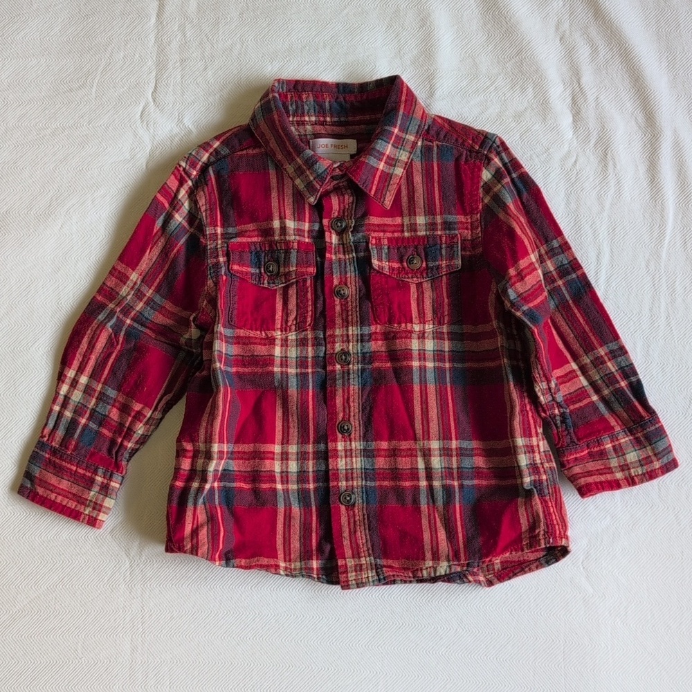 joe fresh red plaid cotton flannel button down shirt 18-24 months baby boy